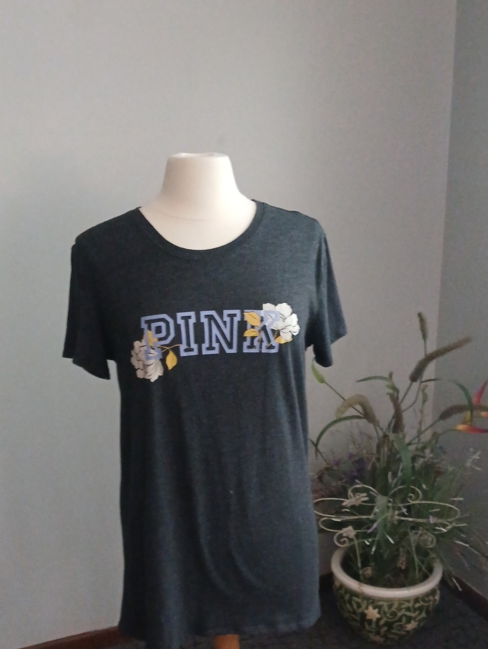Victoria's Secret Charcoal Graphic Logo Tee with White Print